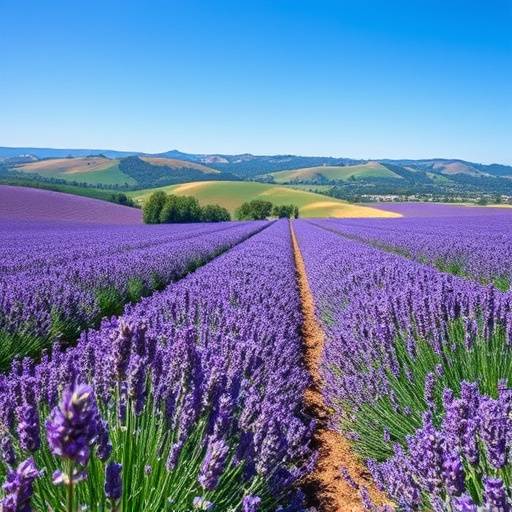 Champs de lavande en fleur en Provence, avec des collines en arrière-plan et un ciel bleu.