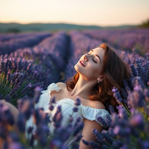 Juliette Dubois se relaxant entre deux prises, entourée de lavande.