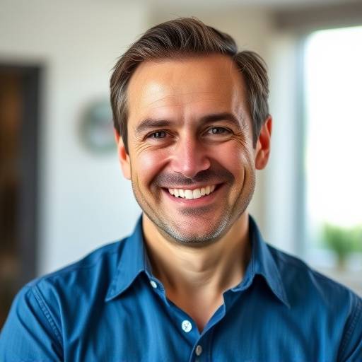 Portrait d'Antoine Dubois, fondateur de Lumière & Caméra Locations, souriant et portant une chemise bleue.