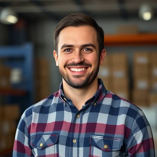 Portrait de Julien Robert, responsable logistique, souriant et portant une chemise à carreaux.