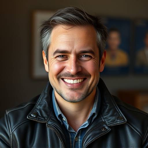 Portrait de Pierre Leclerc, Responsable des Lieux de Tournage, souriant et portant une veste en cuir.