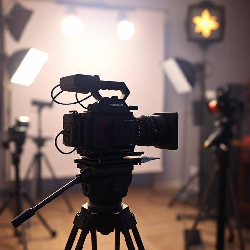 Un plateau de tournage avec des projecteurs et une caméra, prêt pour l'action.