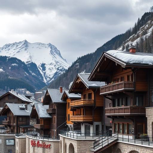 Un village de montagne dans les Alpes franäaises, avec des chalets en bois et des sommets enneigés.
