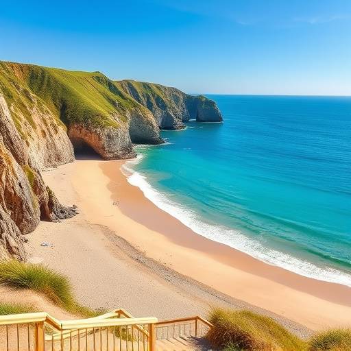 Une plage de sable fin en Bretagne, avec des falaises abruptes et une mer turquoise.
